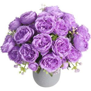 Artificial Peonies Silk Flowers, Purple Faux Peony Bouquet 4 Bundles Florals